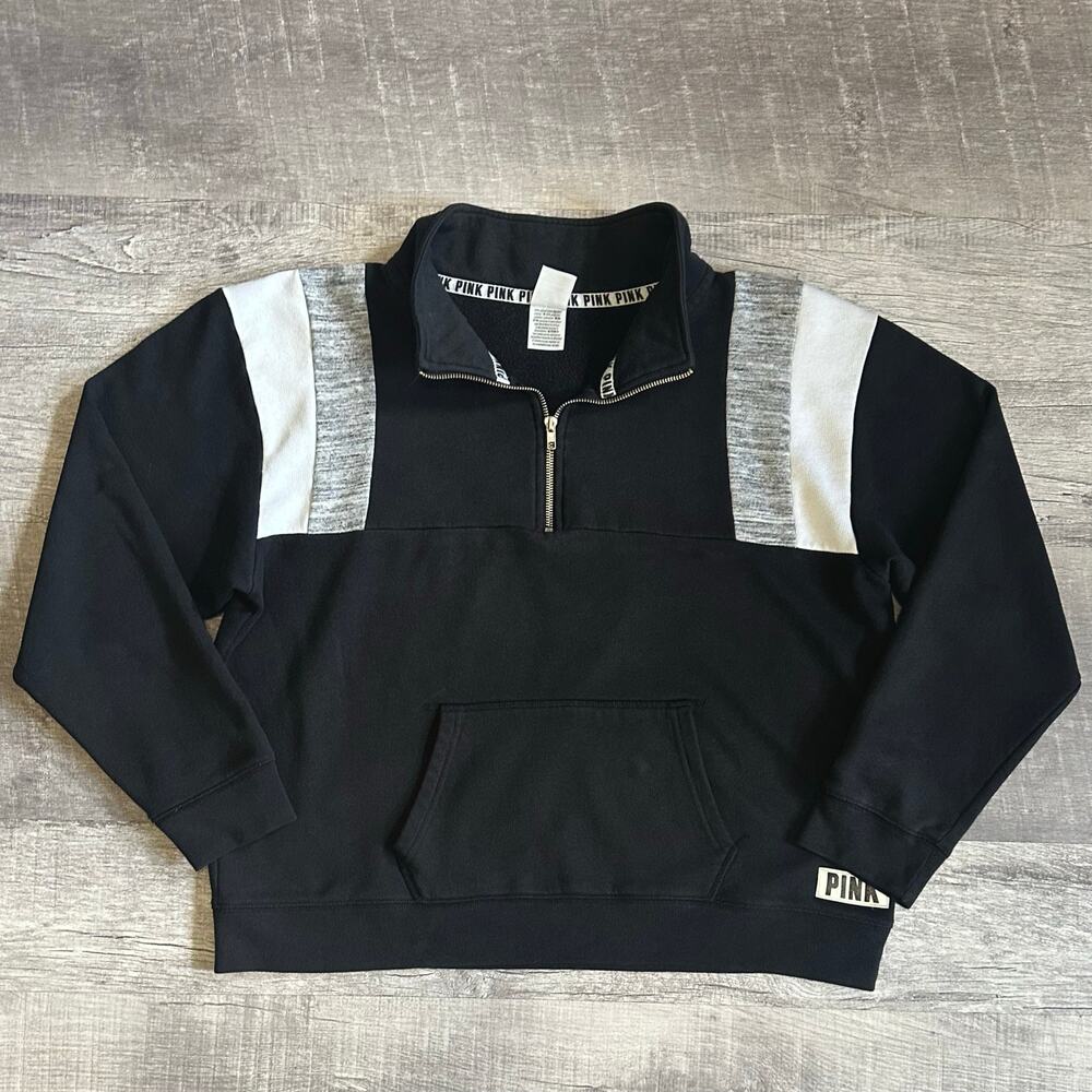 PINK Victorias Secret Quarter 1/4 Zip Pullover Womens L Black Grey Sweatshirt